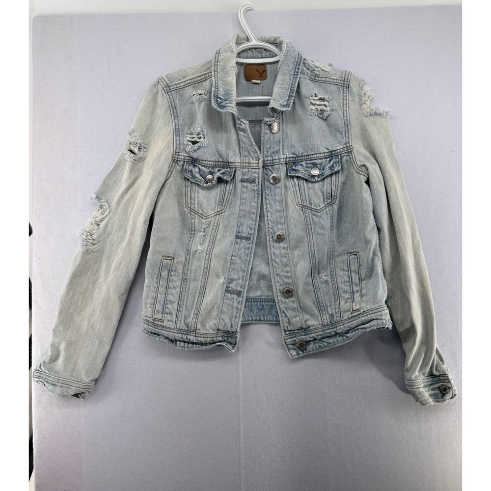 American Eagle Outfitters Womens Distressed Denim Trucker Jacket Light Wash M